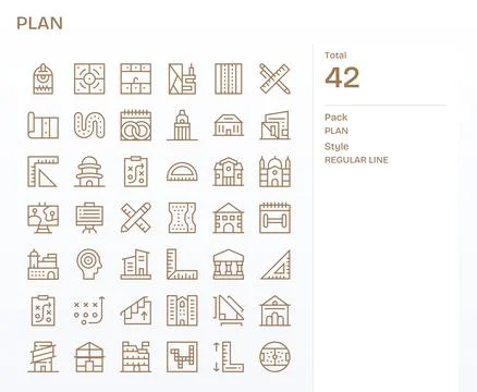 Plan Vector Icon Collection with 42 High Resolution Regular Line Designs Stock Illustration