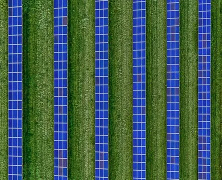 A plan view of solar panels set in an solar farm A plan view of solar pane... Fotos de archivo