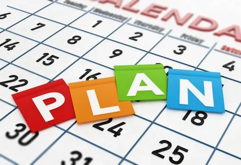 Plan word on colored note papers standing on calendar page. 3D illustratio... Stock Photos