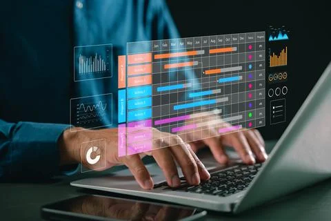 Plan work tasks and deliverables using project manager dashboard, gantt cha.. Stock Photos
