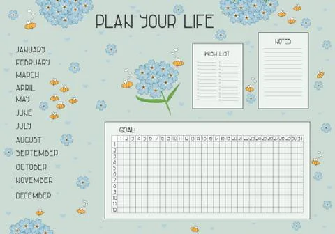 Plan your life set with Wish list, Notes, Goal and habit tracker for the year Stock Illustration