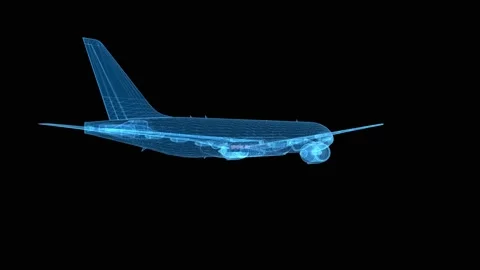 Plane 3d wireframe with thin blue lines. Aviation futuristic hologram on black b Stock Footage 139876336