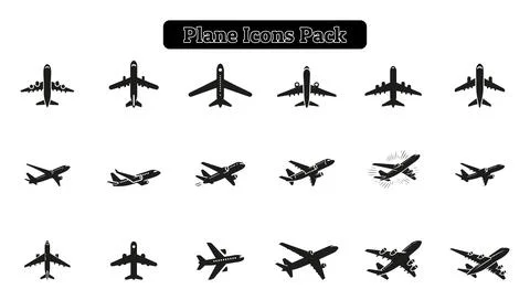 Plane, Aeroplane Icons Pack, Vector Art, Silhouette Design Stock Illustration