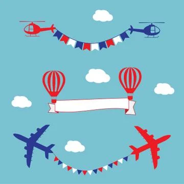 Plane, air balloons and helicopters flying with advertising banner and flags Stock Illustration
