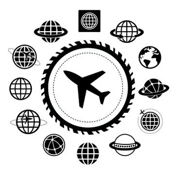 Plane and globe icon set Stock Illustration