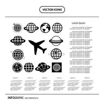 Plane and globe  icons set Stock Illustration