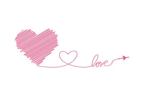 Plane and its track in the shape of a heart on white background. Vector Stock Illustration