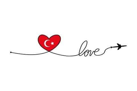 Plane and its track in the shape of a heart and turkey flag on white background Stock Illustration