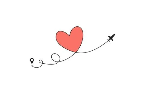 Plane and its track in the shape of a heart on white background. Vector Stock Illustration