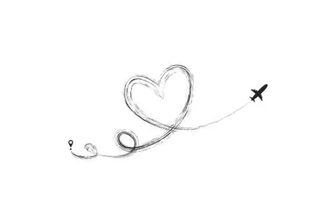 Plane and its track in the shape of a heart on white background. Vector Stock Illustration
