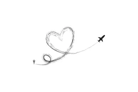 Plane and its track in the shape of a heart on white background. Vector Stock Illustration