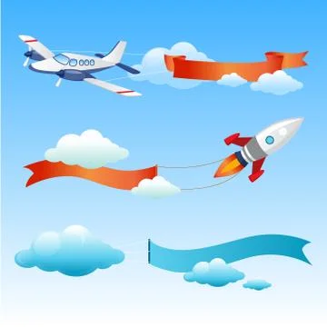 Plane and Rocket with Long Danners for Text on a Background of Sky Stock Illustration