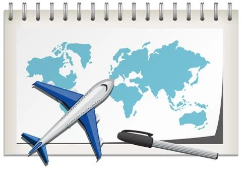 Plane and world map on notebook isolated on white background Stock Illustration