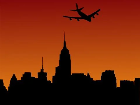 Plane arriving in manhattan Stock Illustration