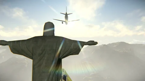 Plane arriving in Rio de Janeiro and Christ the Redeemer Stock Footage 35225544