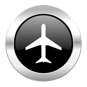 Plane black circle glossy chrome icon isolated. Ilustración de archivo