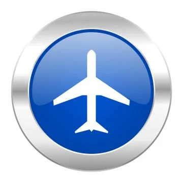 Plane blue circle chrome web icon isolated. Ilustración de archivo