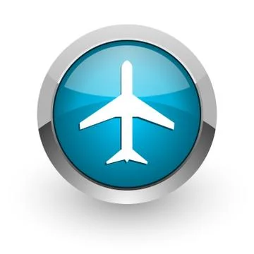 Plane blue silver metallic chrome border web and mobile phone icon on white b Ilustración de archivo