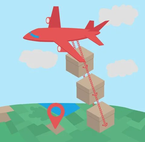 The plane carries boxes as a concept of express delivery vector illustration. Stock Illustration