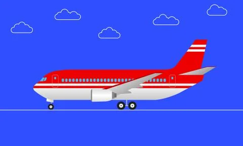 Plane in cartoon style. Side view. Passenger airplane with wheels. Vector Stock Illustration