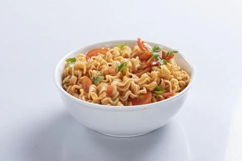 Plane, chicken, egg, beef, prawn instant noddle's isolated on white backgroun Stock Photos