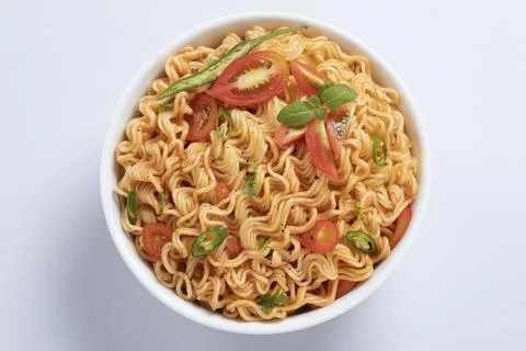 Plane, chicken, egg, beef, prawn instant noddle's isolated on white backgroun 写真素材