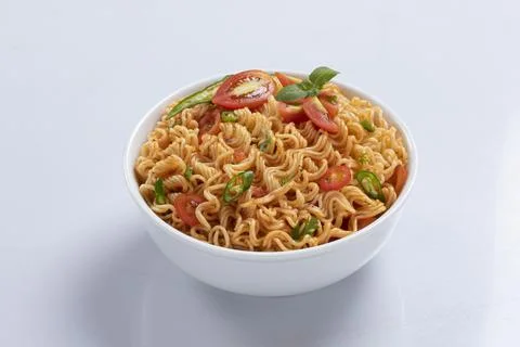 Plane, chicken, egg, beef, prawn instant noddle's isolated on white backgroun Stock Photos