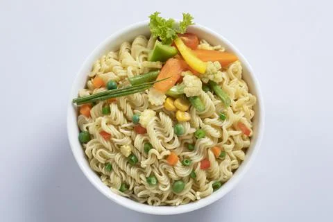 Plane, chicken, egg, beef, prawn instant noddle's isolated on white backgroun Stock Photos