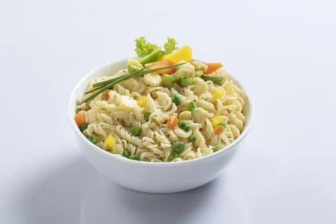 Plane, chicken, egg, beef, prawn instant noddle's isolated on white backgroun Stock Photos