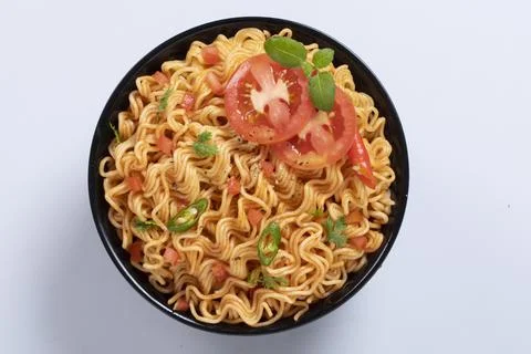 Plane, chicken, egg, beef, prawn instant noddle's isolated on white backgroun Stock Photos