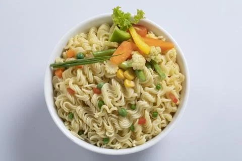 Plane, chicken, egg, beef, prawn instant noddle's isolated on white backgroun Stock Photos