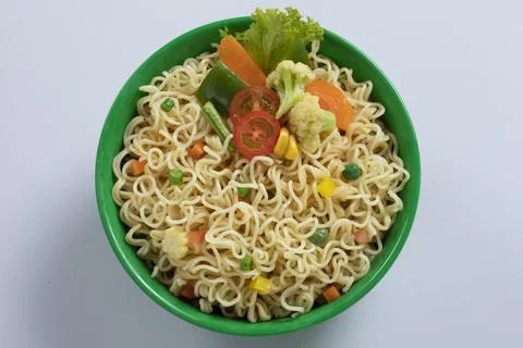 Plane, chicken, egg, beef, prawn instant noddle's isolated on white backgroun Stock Photos