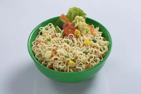 Plane, chicken, egg, beef, prawn instant noddle's isolated on white backgroun Stock Photos
