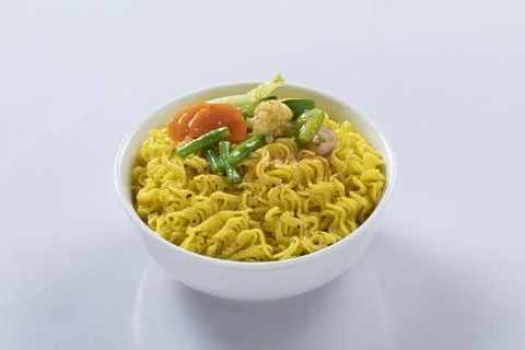Plane, chicken, egg, beef, prawn instant noddle's isolated on white backgroun Stock Photos