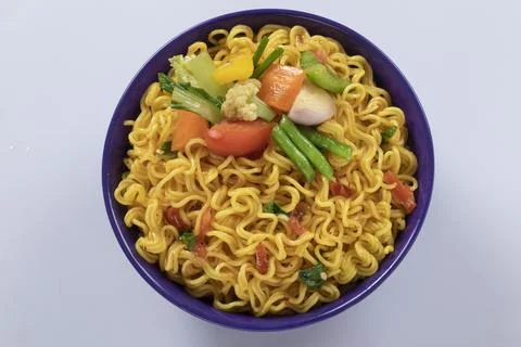 Plane, chicken, egg, beef, prawn instant noddle's isolated on white backgroun Stock Photos