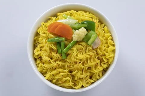 Plane, chicken, egg, beef, prawn instant noddle's isolated on white backgroun Stock Photos