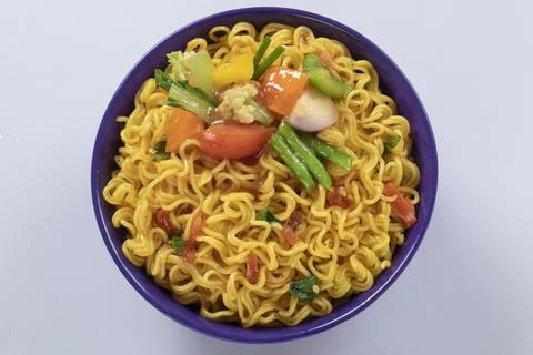 Plane, chicken, egg, beef, prawn instant noddle's isolated on white backgroun 写真素材