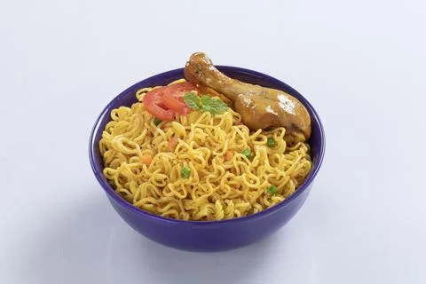 Plane, chicken, egg, beef, prawn instant noddle's isolated on white backgroun Stock Photos