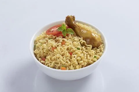 Plane, chicken, egg, beef, prawn instant noddle's isolated on white backgroun Stock Photos