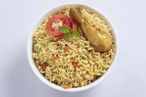 Plane, chicken, egg, beef, prawn instant noddle's isolated on white backgroun Stock Photos