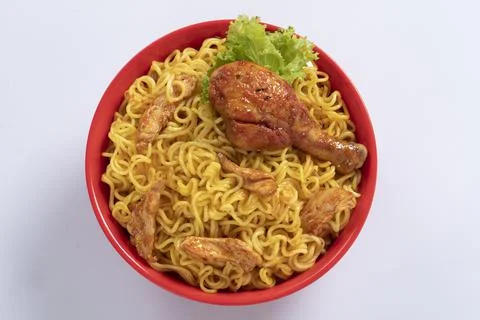 Plane, chicken, egg, beef, prawn instant noddle's isolated on white backgroun Stock Photos