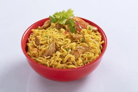 Plane, chicken, egg, beef, prawn instant noddle's isolated on white backgroun Foto stock