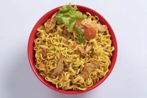 Plane, chicken, egg, beef, prawn instant noddle's isolated on white backgroun Foto stock