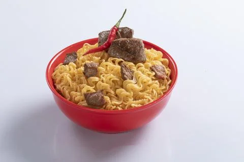 Plane, chicken, egg, beef, prawn instant noddle's isolated on white backgroun 写真素材