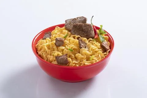 Plane, chicken, egg, beef, prawn instant noddle's isolated on white backgroun Stock Photos