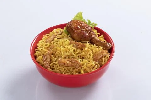 Plane, chicken, egg, beef, prawn instant noddle's isolated on white backgroun Stock Photos