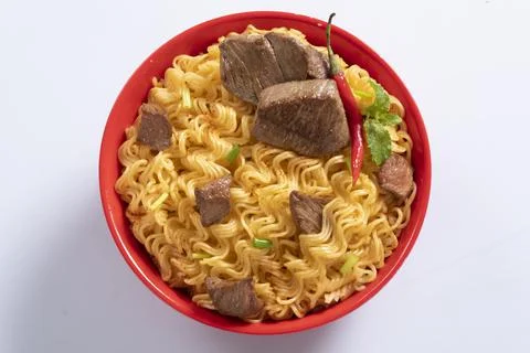 Plane, chicken, egg, beef, prawn instant noddle's isolated on white backgroun Stock Photos
