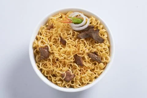 Plane, chicken, egg, beef, prawn instant noddle's isolated on white backgroun Stock Photos