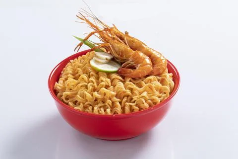 Plane, chicken, egg, beef, prawn instant noddle's isolated on white backgroun Stock Photos
