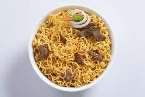 Plane, chicken, egg, beef, prawn instant noddle's isolated on white backgroun Stock Photos